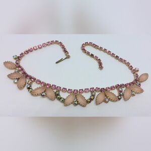* Vintage Unsigned Pink Frosted Glass & AB Rhinestones Necklace